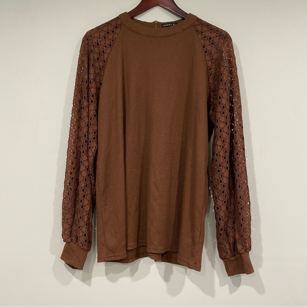 MIHOLL Brown Knit Top with Lace Sleeves Women's Size XL